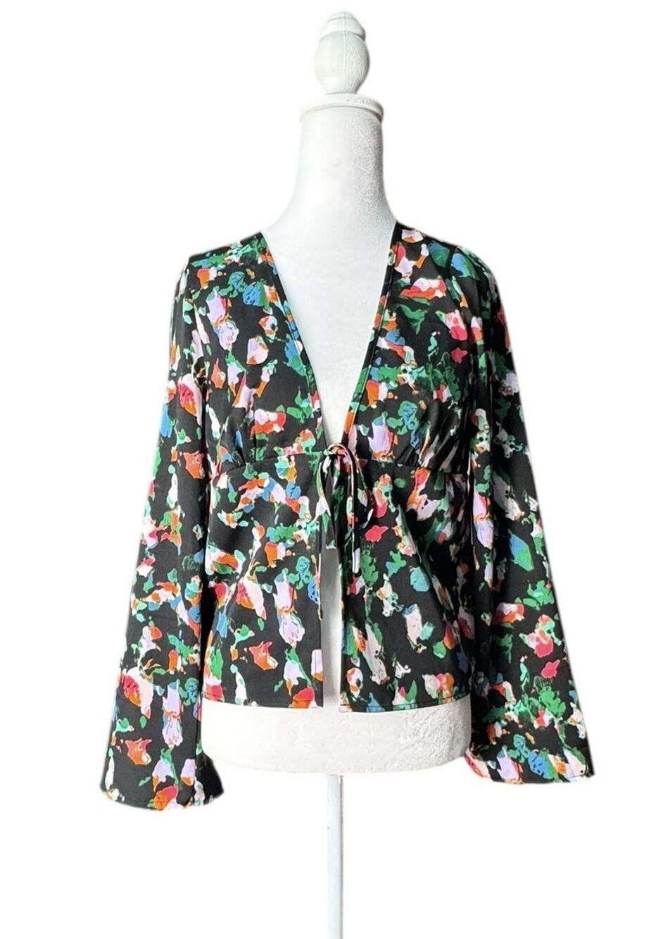 Open Edit Bell Sleeve Tie Front Top Black Multicolor Artsy Boho Flowy Sz S